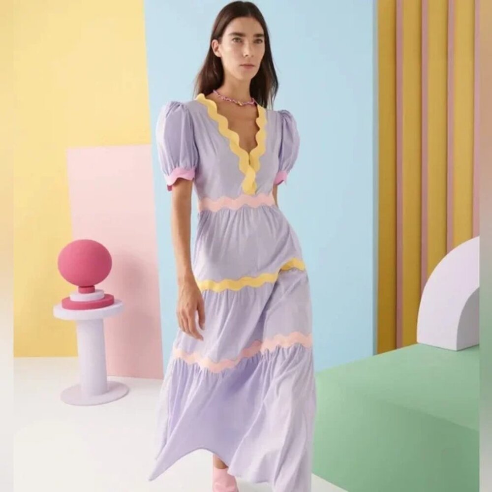 Celia B Pastel Scalloped Maxi Dress purple w ric rad